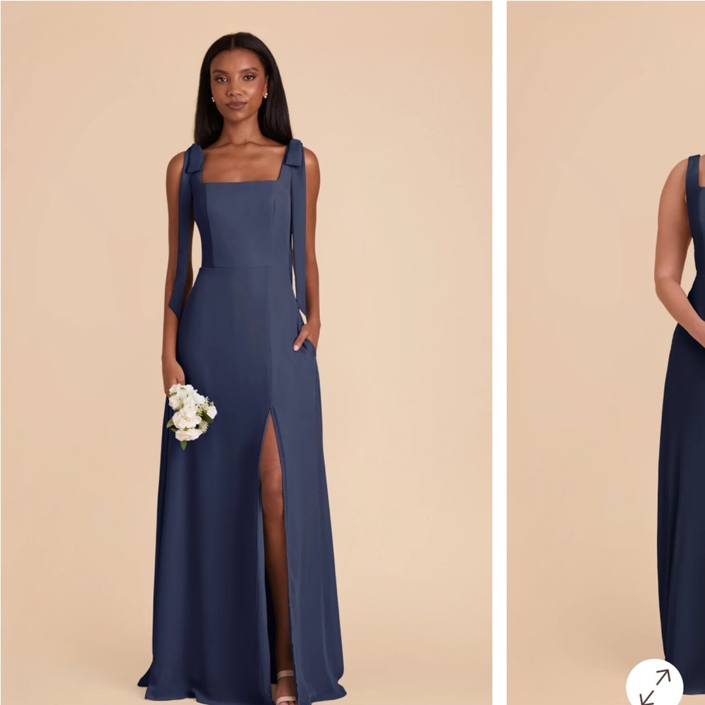 Navy Square-Neck Evening Gown with Leg Slit